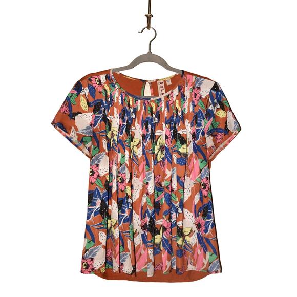 DOLAN $78 Floral Print Pleated Front Short Sleeve Blouse Keyhole Back Medium - Picture 1 of 3